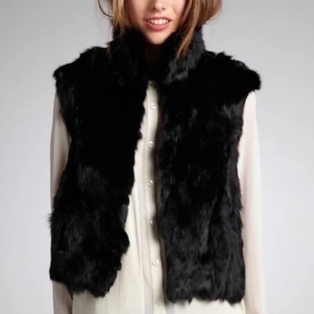 Mitchie's Black Fur Vest One Hook Eye At Neck Rabbit Sleeveless Cropped Small
